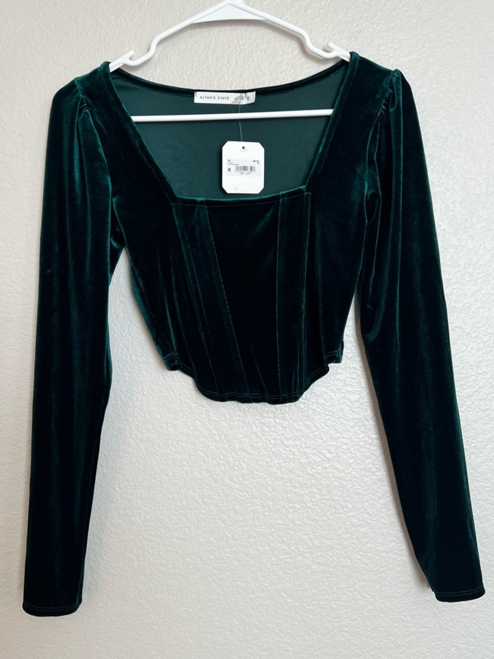 NWT Altar'd State Deep Emerald Green Velvet Long-Sleeve Corset Crop Top | Size S